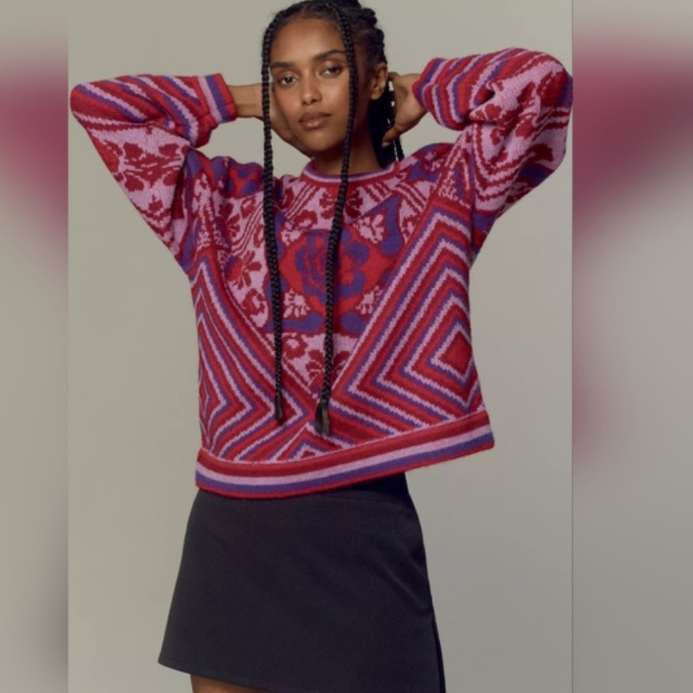 FARM Rio Red and Purple Crew Neck Sweater with Geometric Patterns